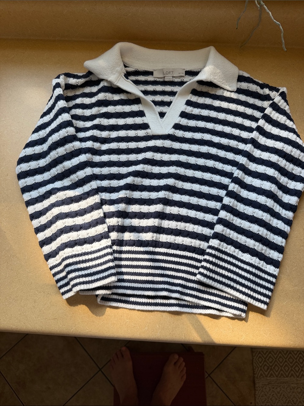 LOFT Navy and White Striped V-Neck Collared Sweater